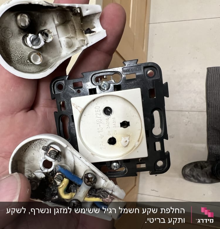 שקע חשמלי מפורק עם חוטים חשופים ביד חשמלאי